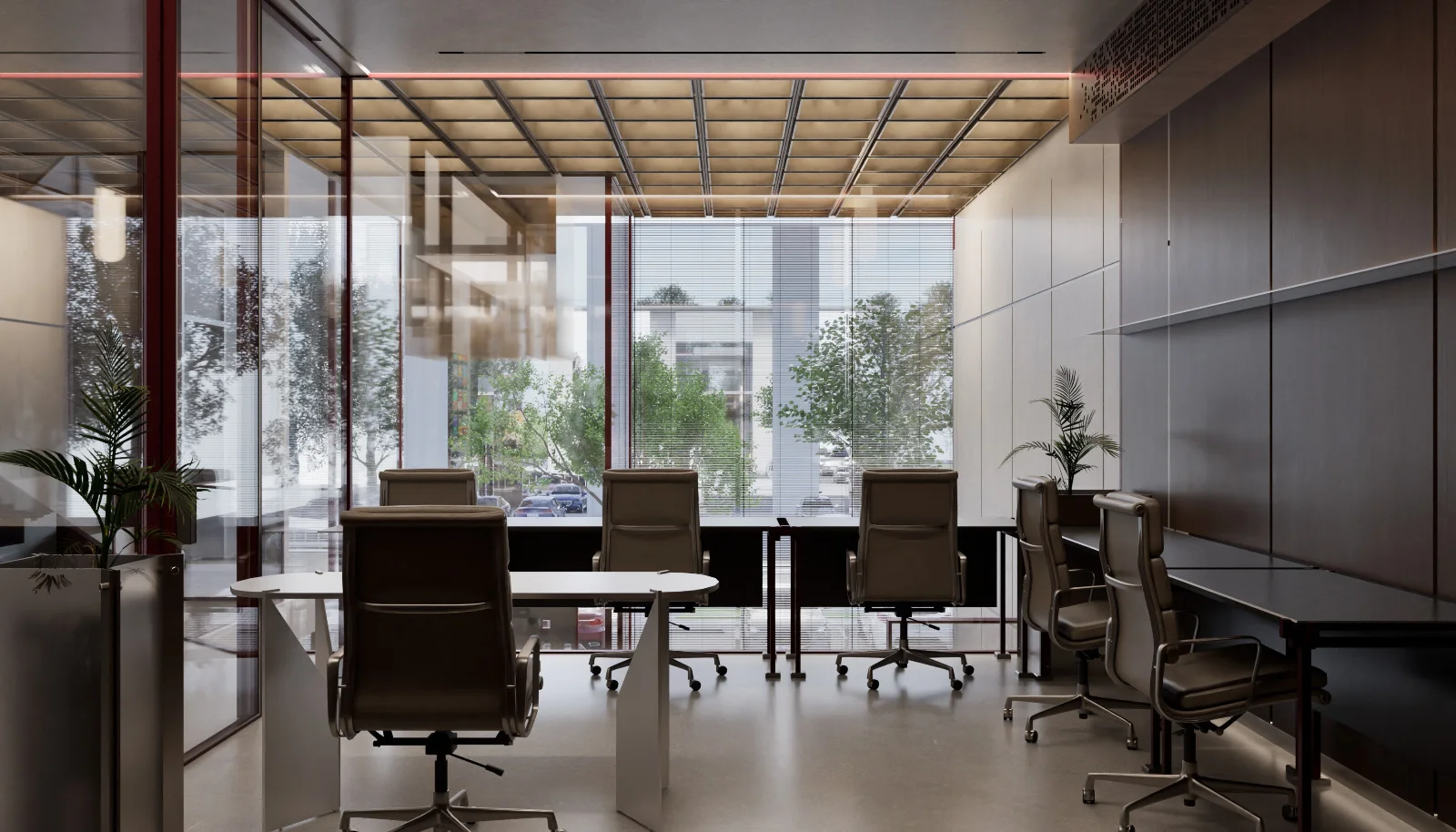 Office with full-height glazing — illustrative preview