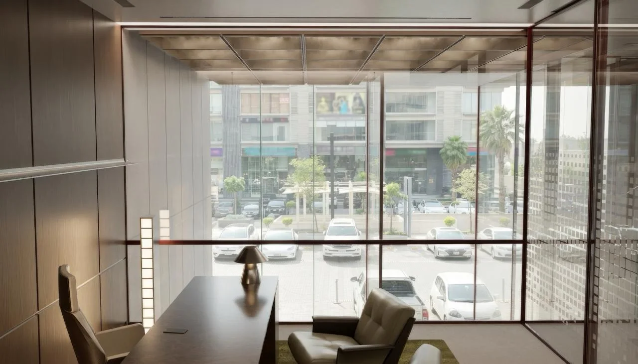 Corner office with a street outlook — illustrative preview