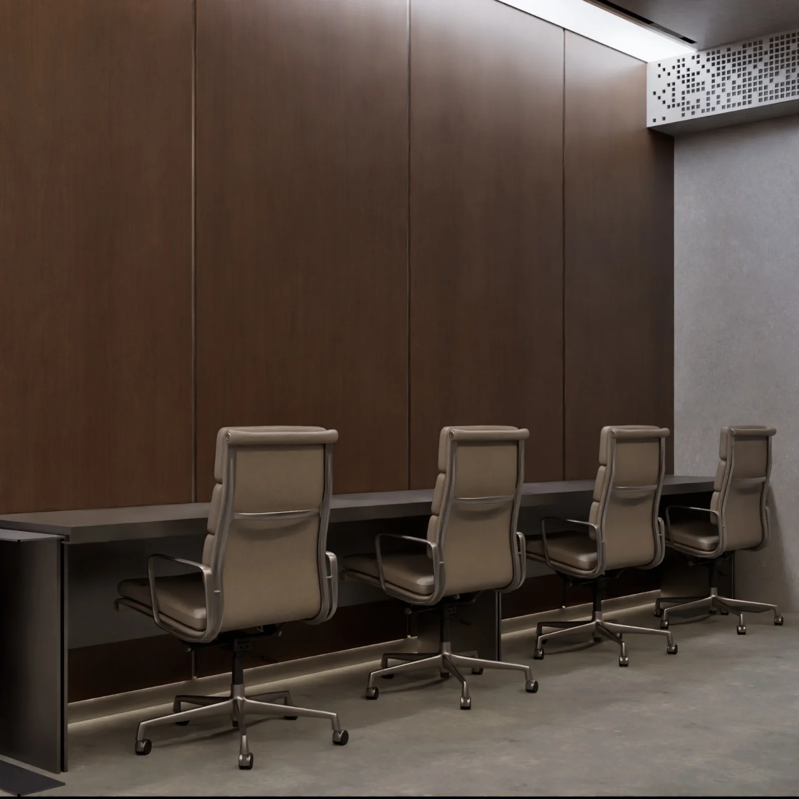 Desk row and timber panelling — illustrative preview